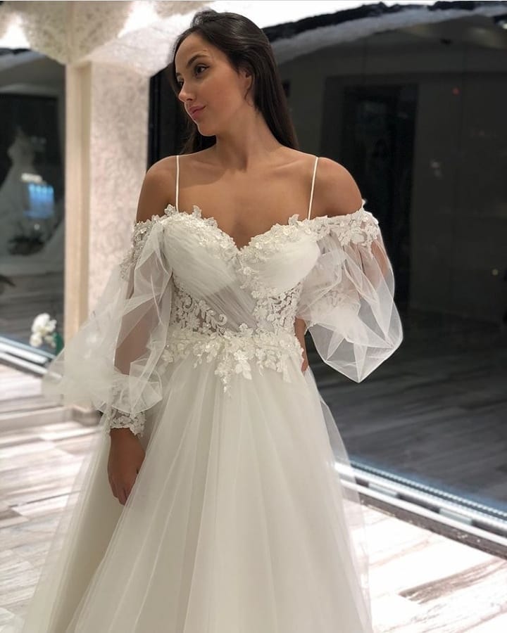 Bmbride Off-the-Shoulder Sweetheart A-Line Dress with Long Sleeves Spaghetti Straps Appliques Lace and Tulle