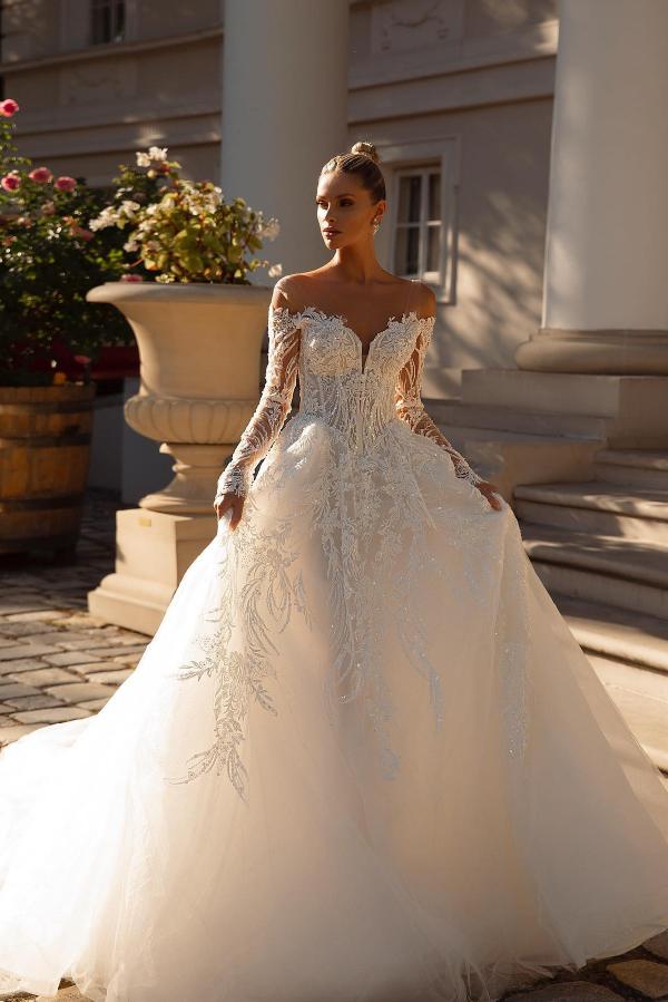 Bmbride A-line Sweetheart Tulle Lace Backless Wedding Dresses with Sleeves