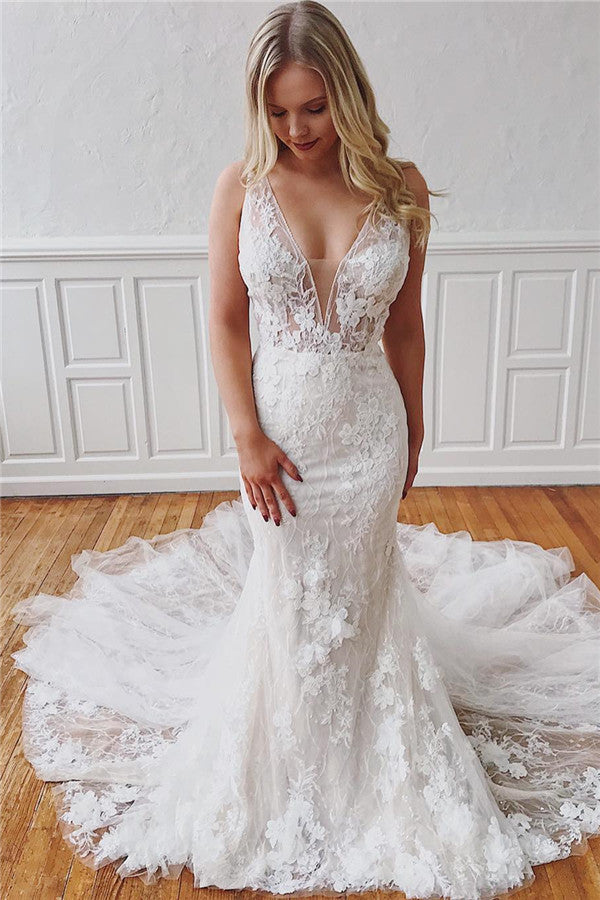 Bmbride V-Neck Lace Mermaid Detachable Wedding Dresses