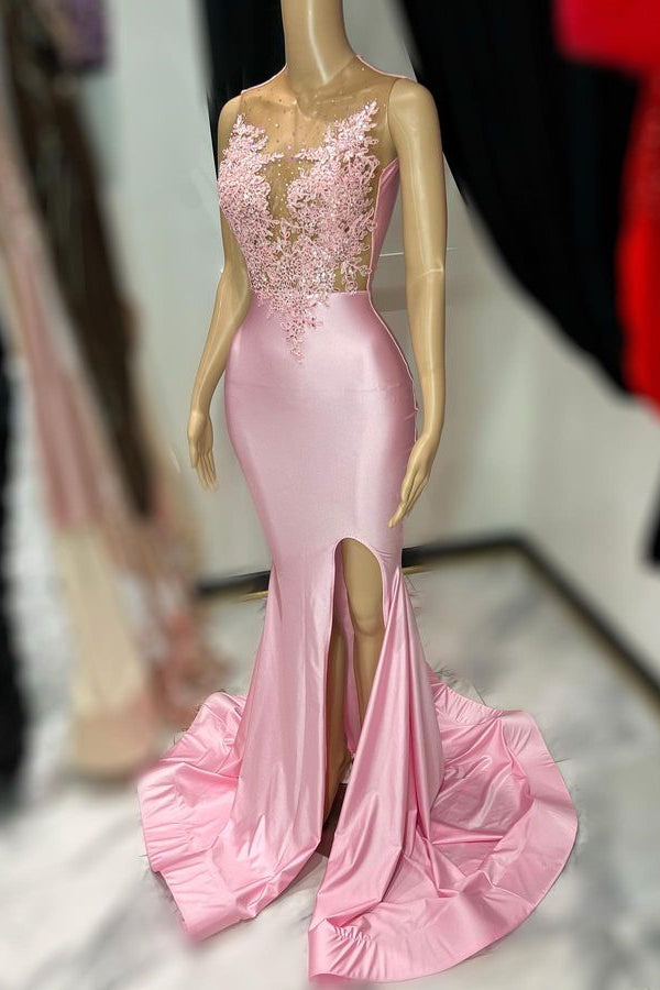 Sleeveless Pink Tulle Appliques Mermaid Slit Prom Dress