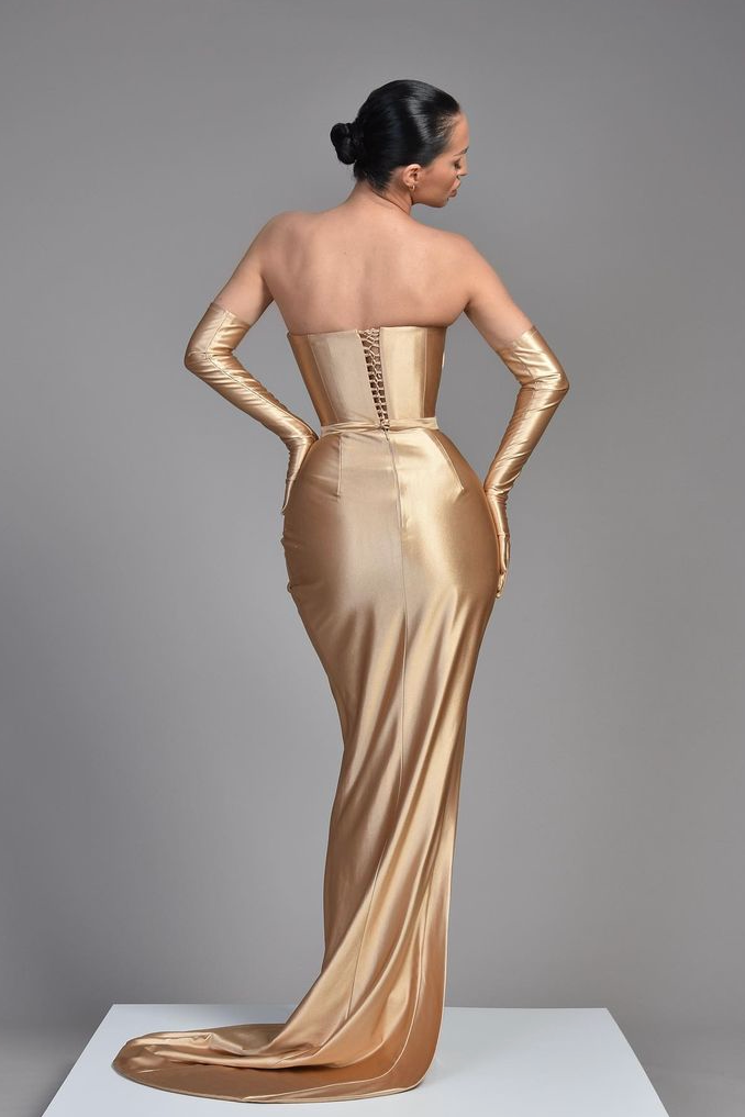 Champagne Evening Dress with Half Sleeves Off-the-Shoulder Design Pleated Slit