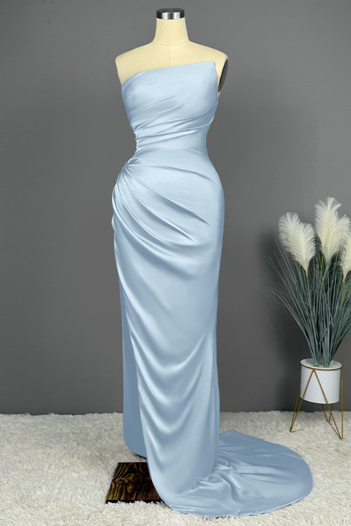 Koscy Prom Dress - Blue Sleeveless Charmeuse with High Slit Pleated