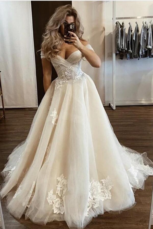 Bmbride Elegant Long A-line Off-the-shoulder Tulle Lace Bridal Gown