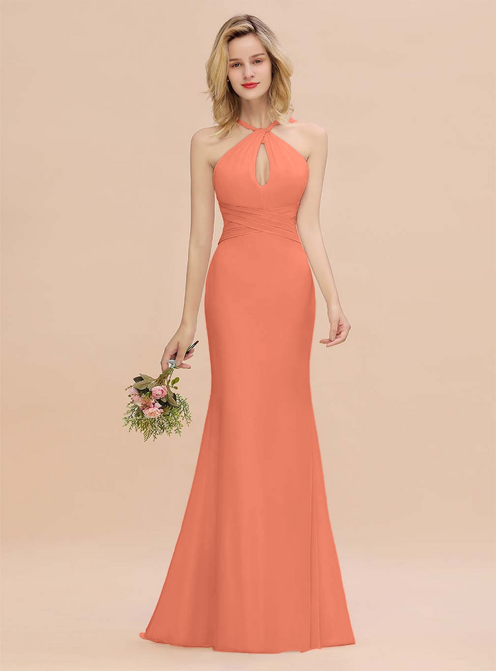 Halter Backless Chiffon Mermaid Floor-Length Dress-koscy