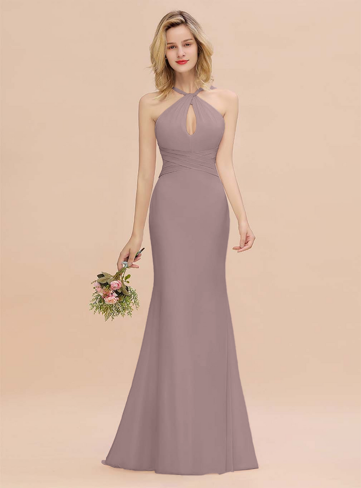 Halter Backless Chiffon Mermaid Floor-Length Dress-koscy