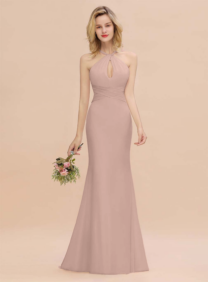 Halter Backless Chiffon Mermaid Floor-Length Dress-koscy