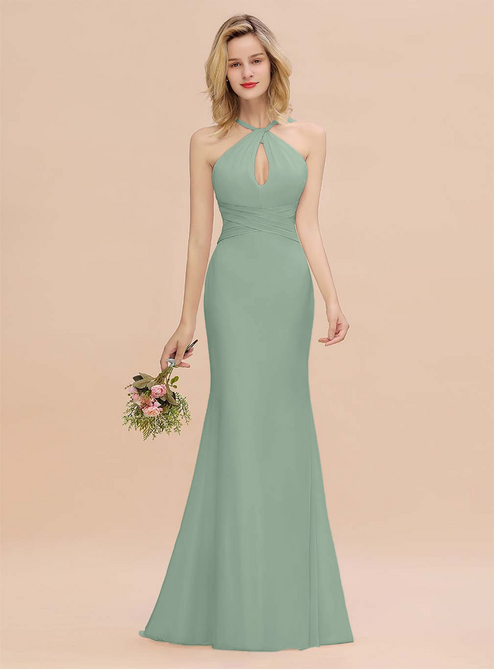 Halter Backless Chiffon Mermaid Floor-Length Dress-koscy