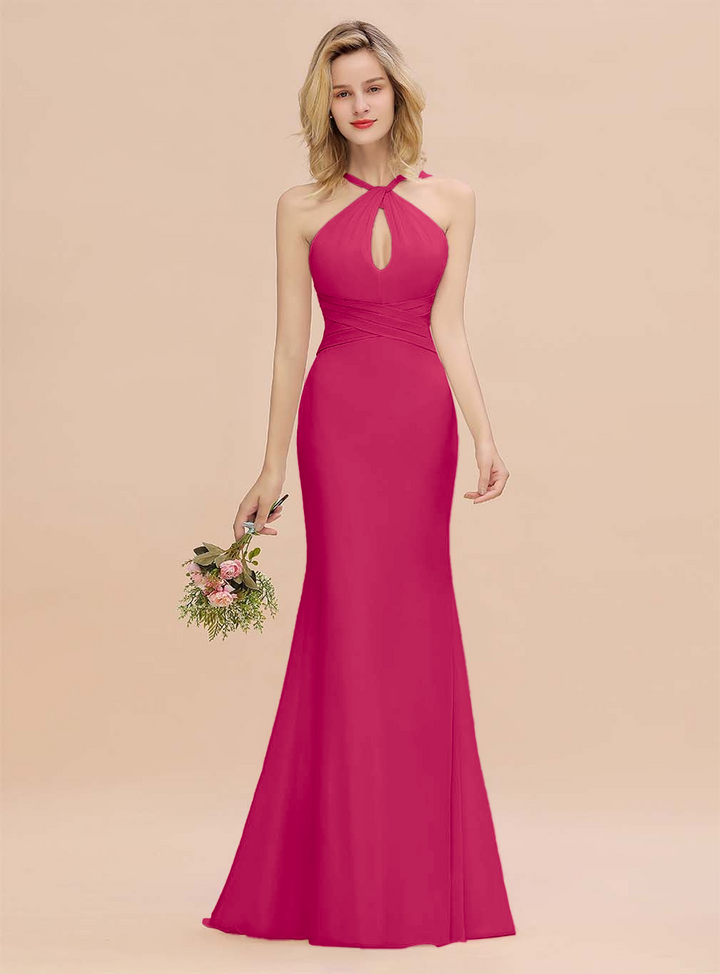 Halter Backless Chiffon Mermaid Floor-Length Dress-koscy