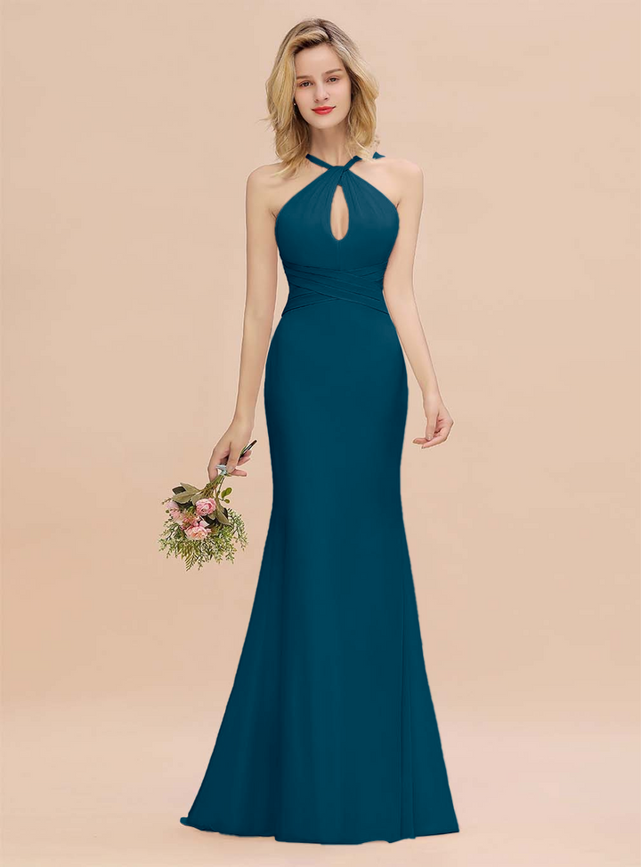 Halter Backless Chiffon Mermaid Floor-Length Dress-koscy