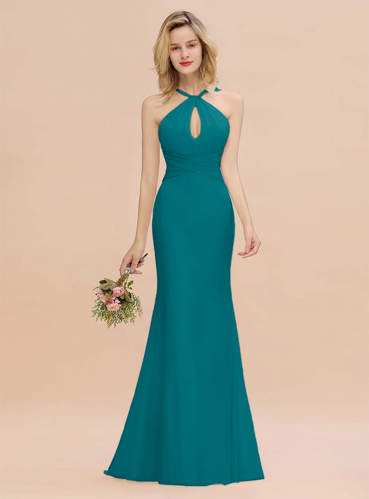 Halter Backless Chiffon Mermaid Floor-Length Dress-koscy