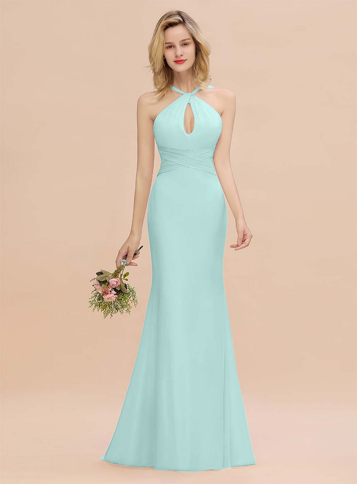 Halter Backless Chiffon Mermaid Floor-Length Dress-koscy