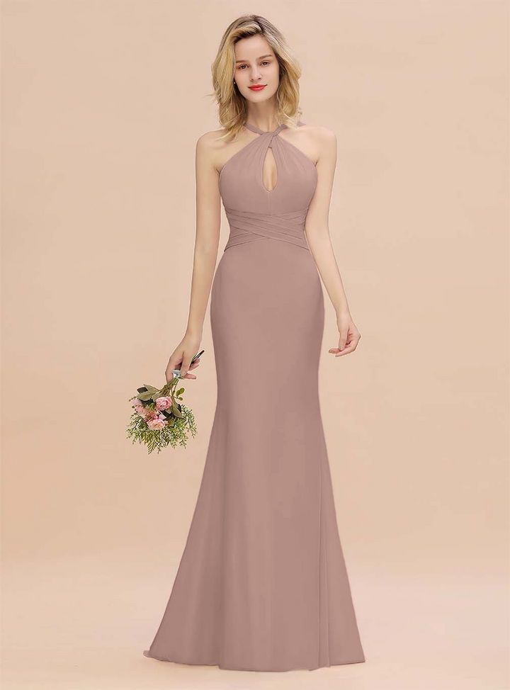 Halter Backless Chiffon Mermaid Floor-Length Dress-koscy