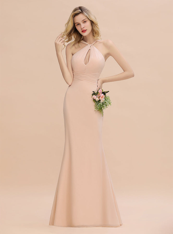 Halter Backless Chiffon Mermaid Floor-Length Dress-koscy