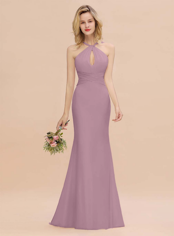 Halter Backless Chiffon Mermaid Floor-Length Dress-koscy