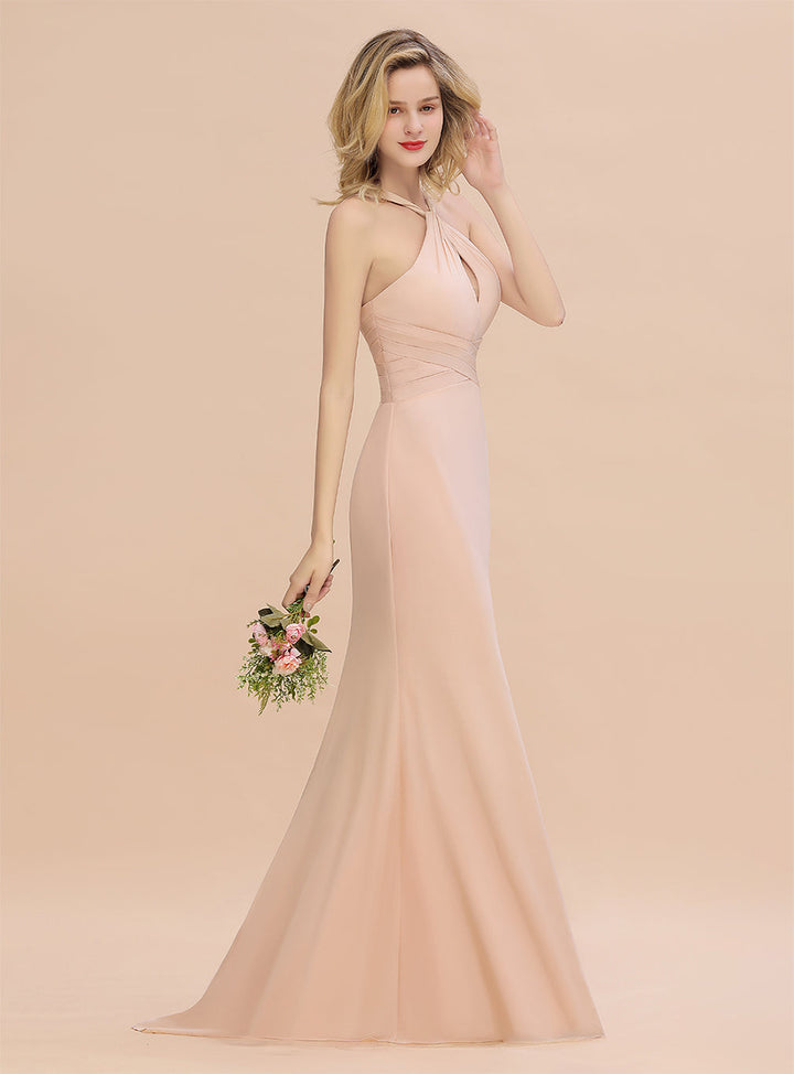 Halter Backless Chiffon Mermaid Floor-Length Dress-koscy