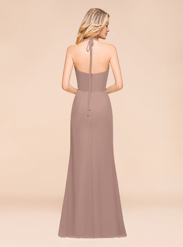 Halter V-Neck Ruffle Chiffon Floor-Length Dress-koscy