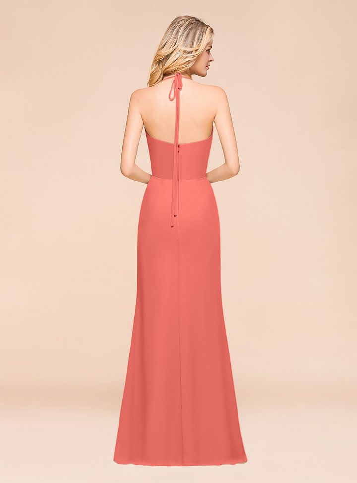 Halter V-Neck Ruffle Chiffon Floor-Length Dress-koscy