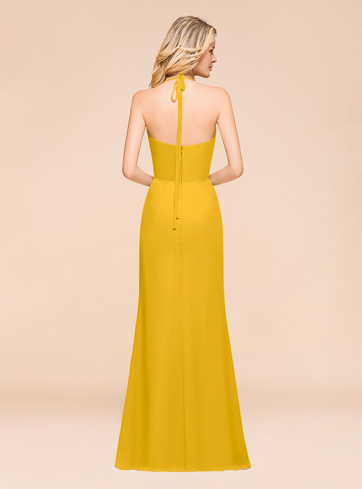 Halter V-Neck Ruffle Chiffon Floor-Length Dress-koscy