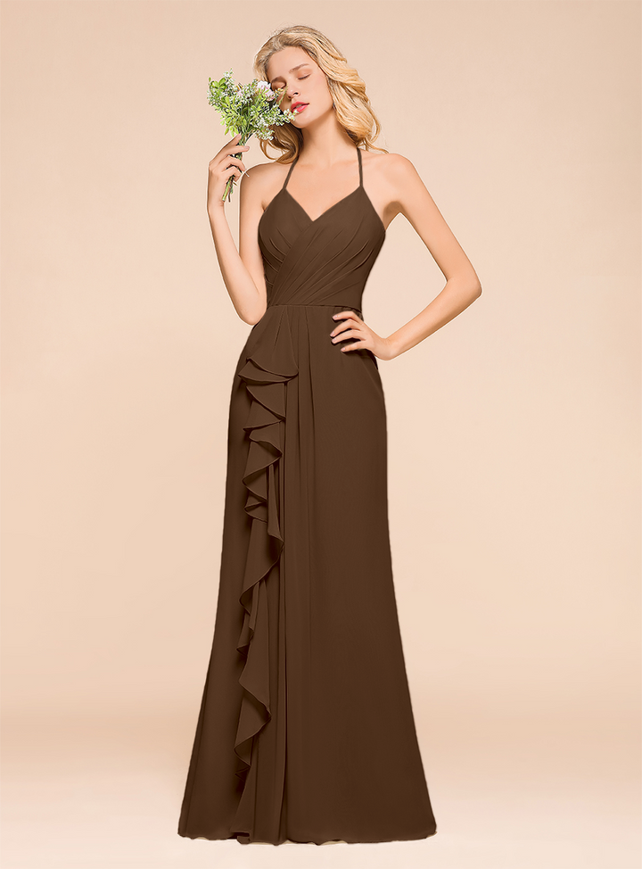 Halter V-Neck Ruffle Chiffon Floor-Length Dress-koscy