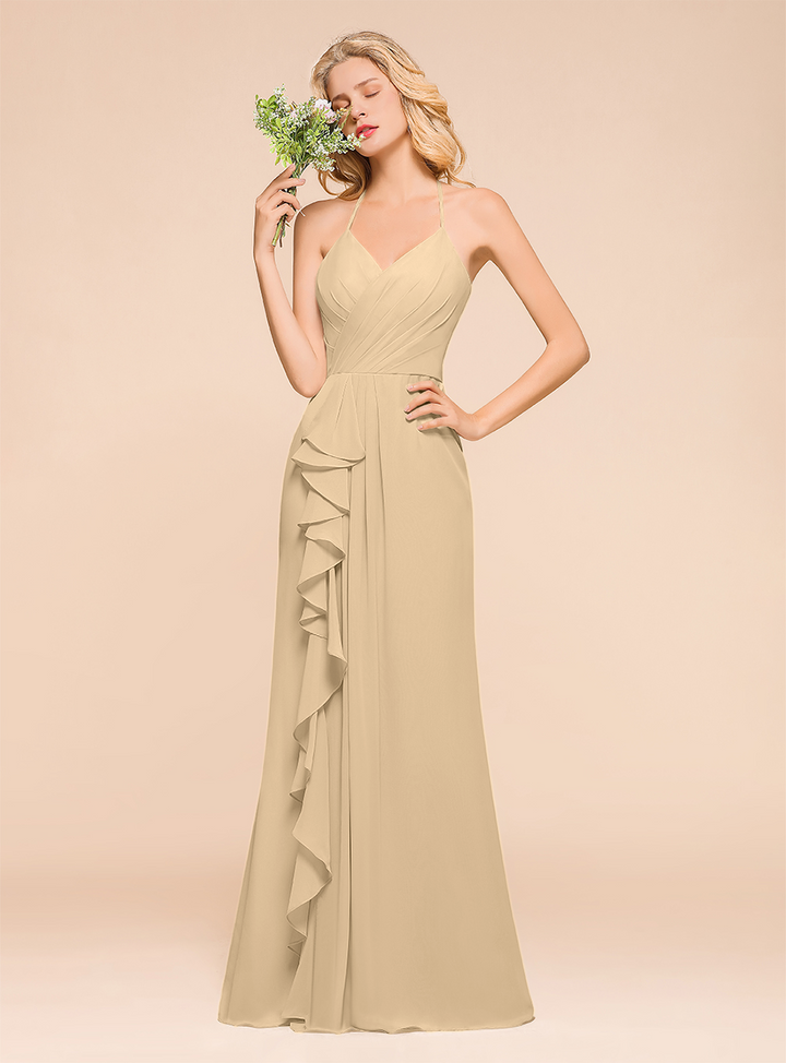 Halter V-Neck Ruffle Chiffon Floor-Length Dress-koscy