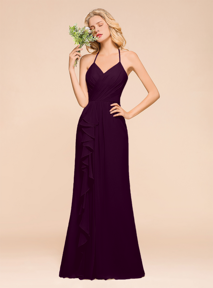 Halter V-Neck Ruffle Chiffon Floor-Length Dress-koscy