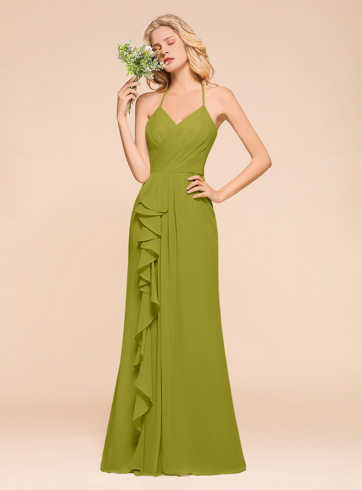 Halter V-Neck Ruffle Chiffon Floor-Length Dress-koscy