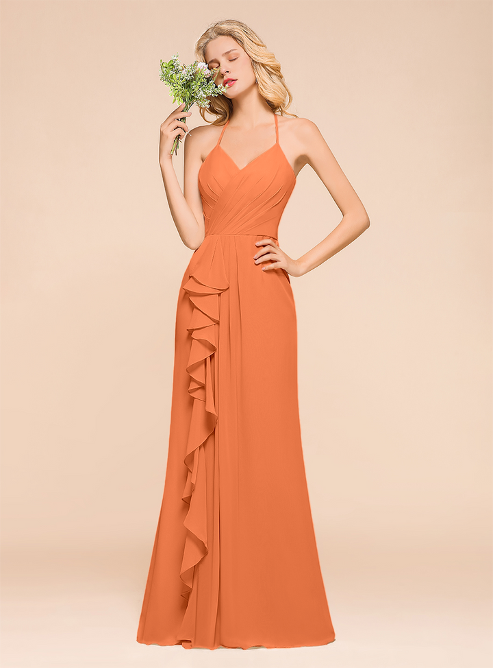 Halter V-Neck Ruffle Chiffon Floor-Length Dress-koscy