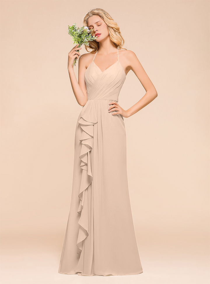 Halter V-Neck Ruffle Chiffon Floor-Length Dress-koscy