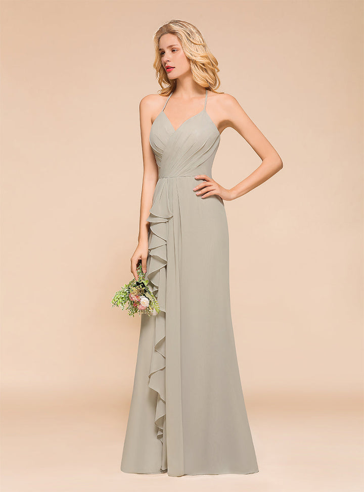 Halter V-Neck Ruffle Chiffon Floor-Length Dress-koscy