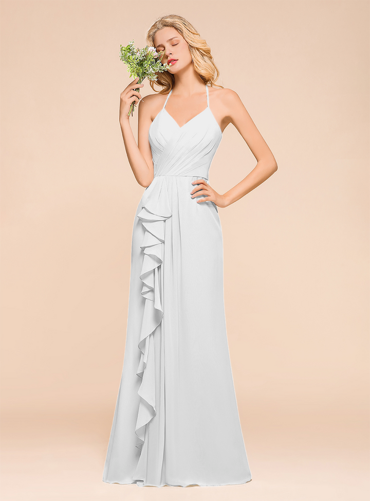 Halter V-Neck Ruffle Chiffon Floor-Length Dress-koscy