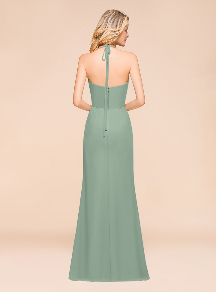 Halter V-Neck Ruffle Chiffon Floor-Length Dress-koscy