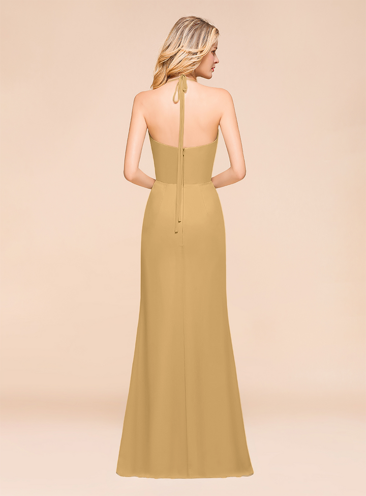 Halter V-Neck Ruffle Chiffon Floor-Length Dress-koscy