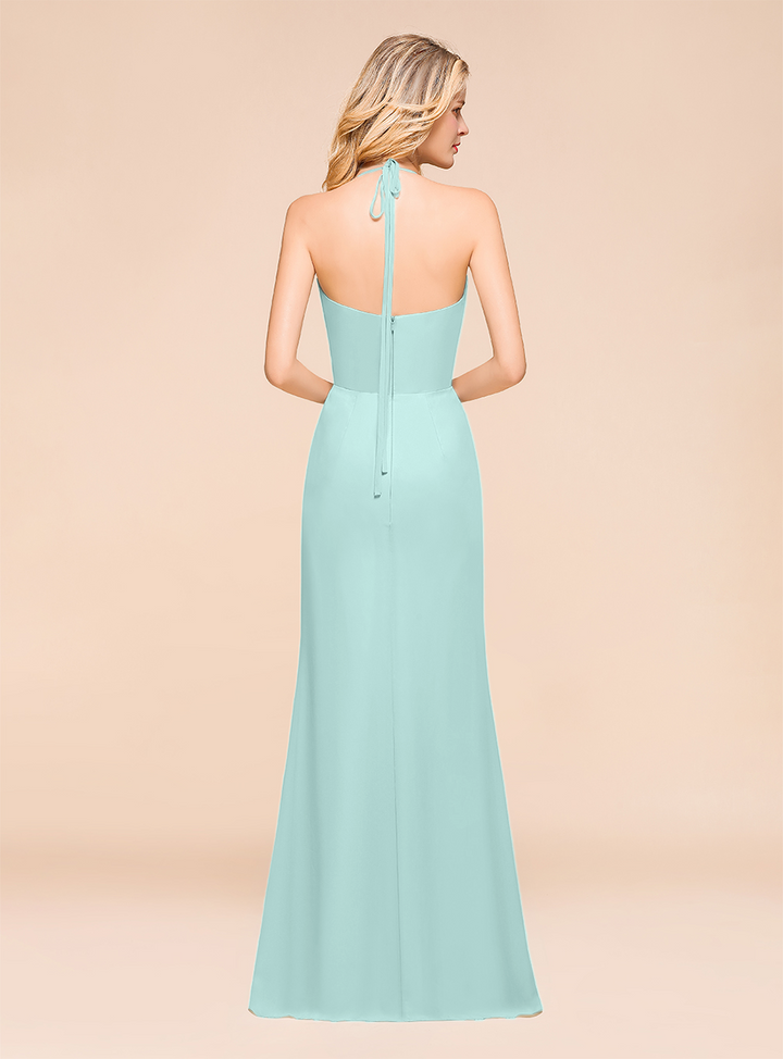 Halter V-Neck Ruffle Chiffon Floor-Length Dress-koscy