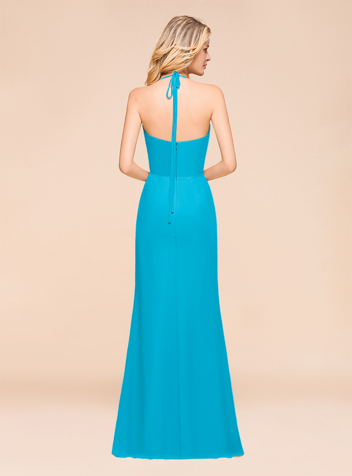 Halter V-Neck Ruffle Chiffon Floor-Length Dress-koscy