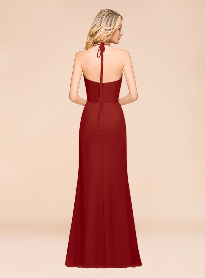 Halter V-Neck Ruffle Chiffon Floor-Length Dress-koscy