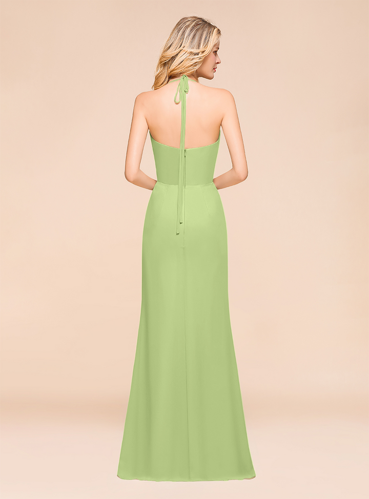 Halter V-Neck Ruffle Chiffon Floor-Length Dress-koscy