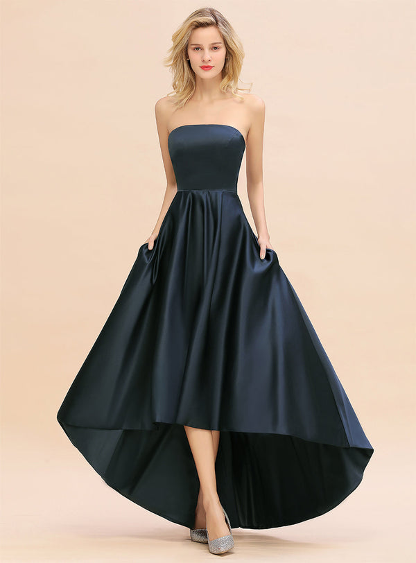 Hi-Lo Strapless Sleeveless Satin Dress-koscy