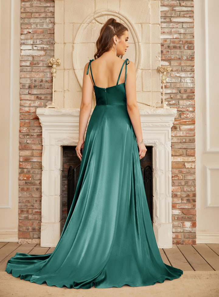 High Split Shiny Floor-Length Dresses with Spaghetti Straps-koscy