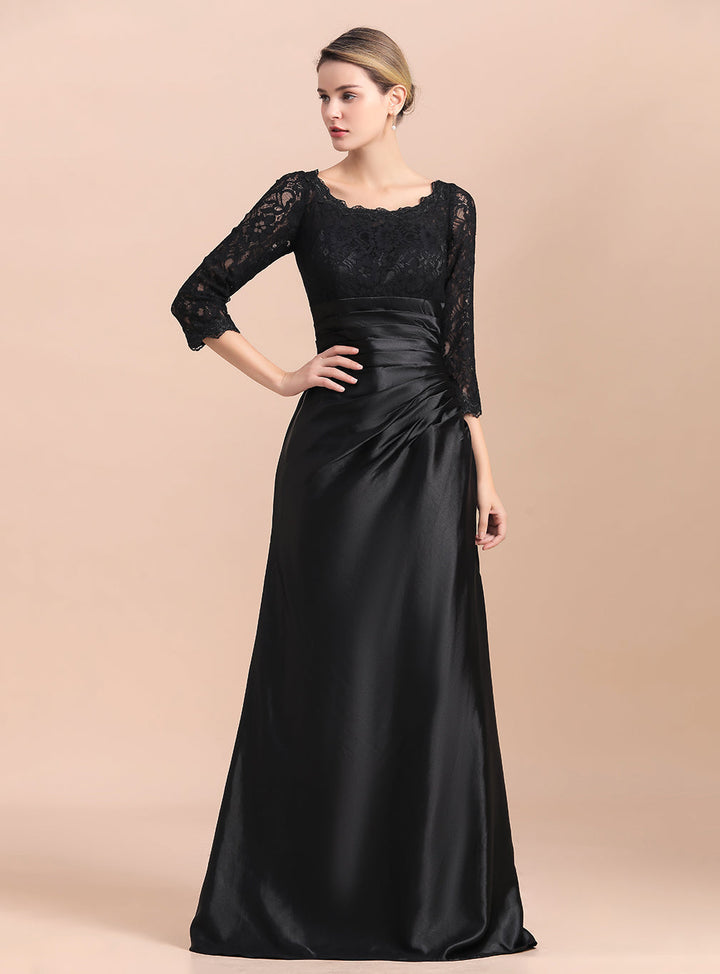 Jewel 3/4 Sleeves Satin Lace Ruffles Floor-Length Dress-koscy