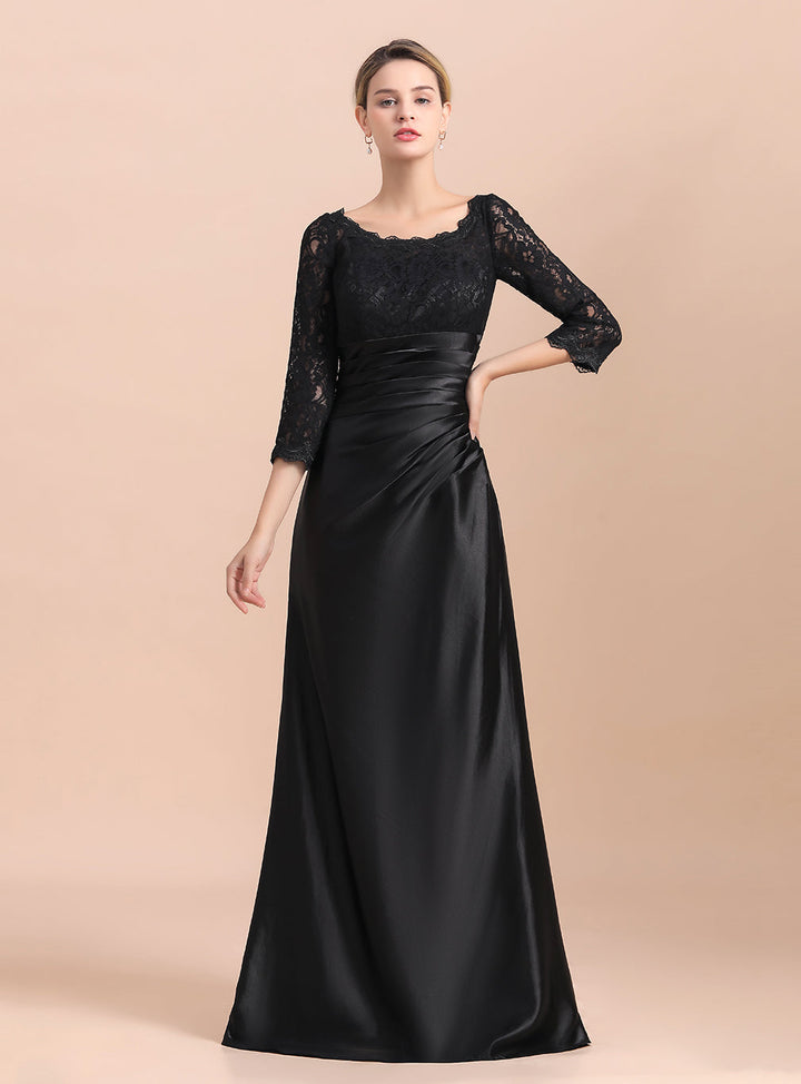 Jewel 3/4 Sleeves Satin Lace Ruffles Floor-Length Dress-koscy