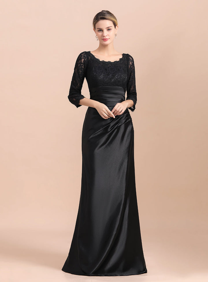 Jewel 3/4 Sleeves Satin Lace Ruffles Floor-Length Dress-koscy