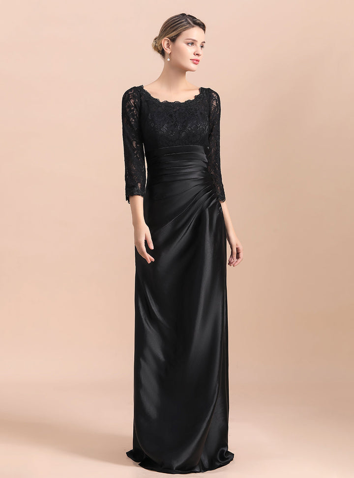 Jewel 3/4 Sleeves Satin Lace Ruffles Floor-Length Dress-koscy