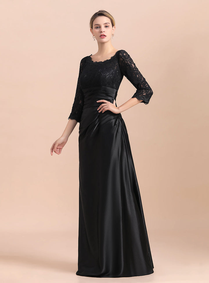 Jewel 3/4 Sleeves Satin Lace Ruffles Floor-Length Dress-koscy