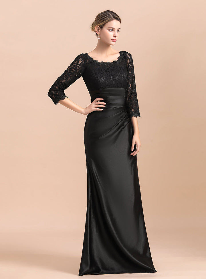 Jewel 3/4 Sleeves Satin Lace Ruffles Floor-Length Dress-koscy