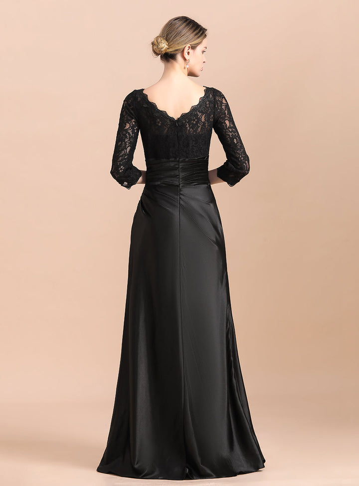 Jewel 3/4 Sleeves Satin Lace Ruffles Floor-Length Dress-koscy