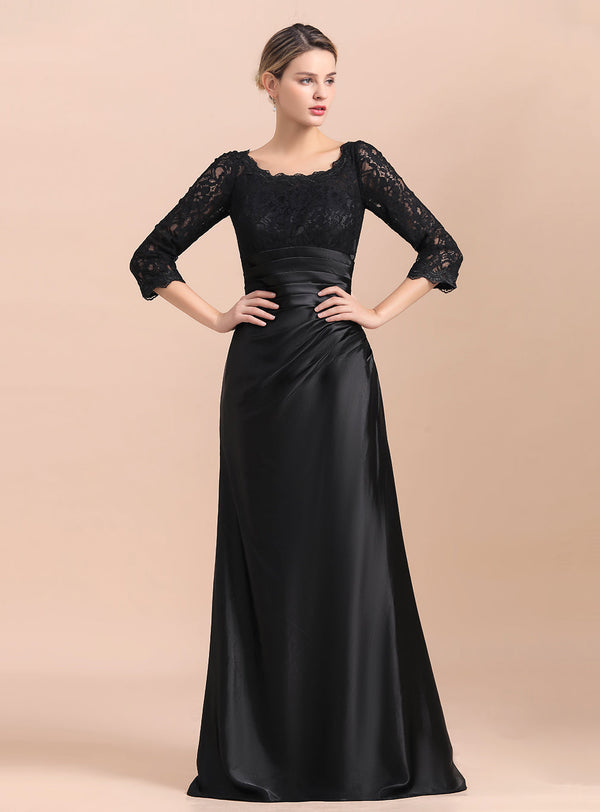 Jewel 3/4 Sleeves Satin Lace Ruffles Floor-Length Dress-koscy