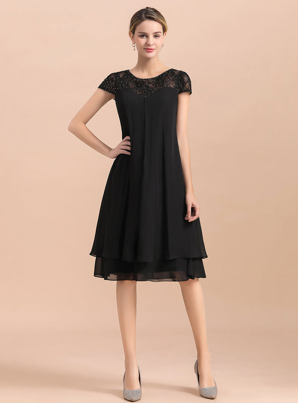 Jewel Cap Sleeves Chiffon Tea-Length Dress-koscy