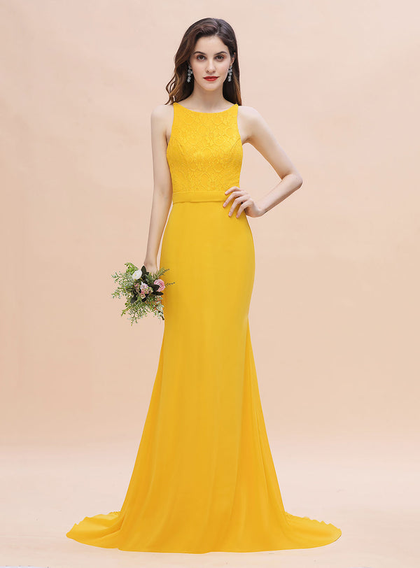 Jewel Mermaid Chiffon Lace Floor-Length Dress-koscy