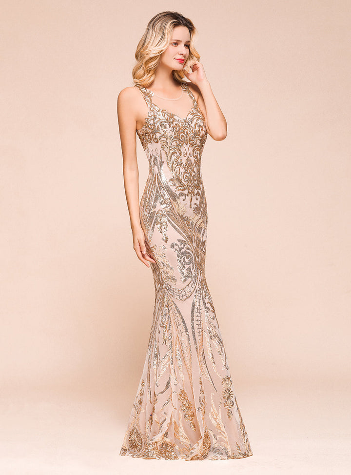 Jewel Sleeveless Sequins Mermaid Floor-Length Dress-koscy