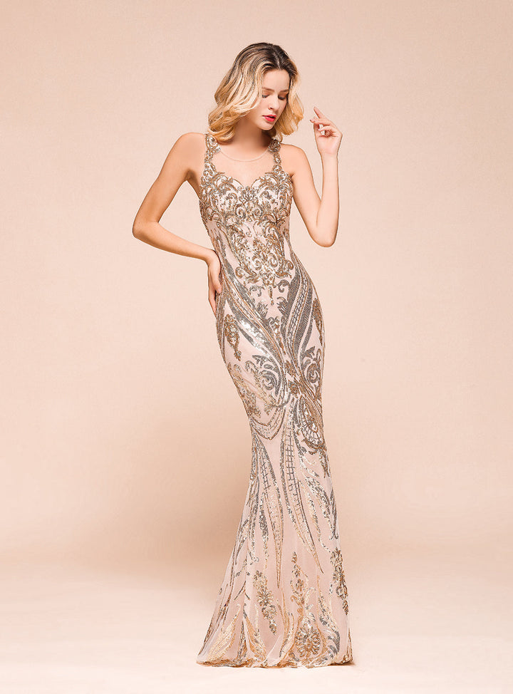 Jewel Sleeveless Sequins Mermaid Floor-Length Dress-koscy